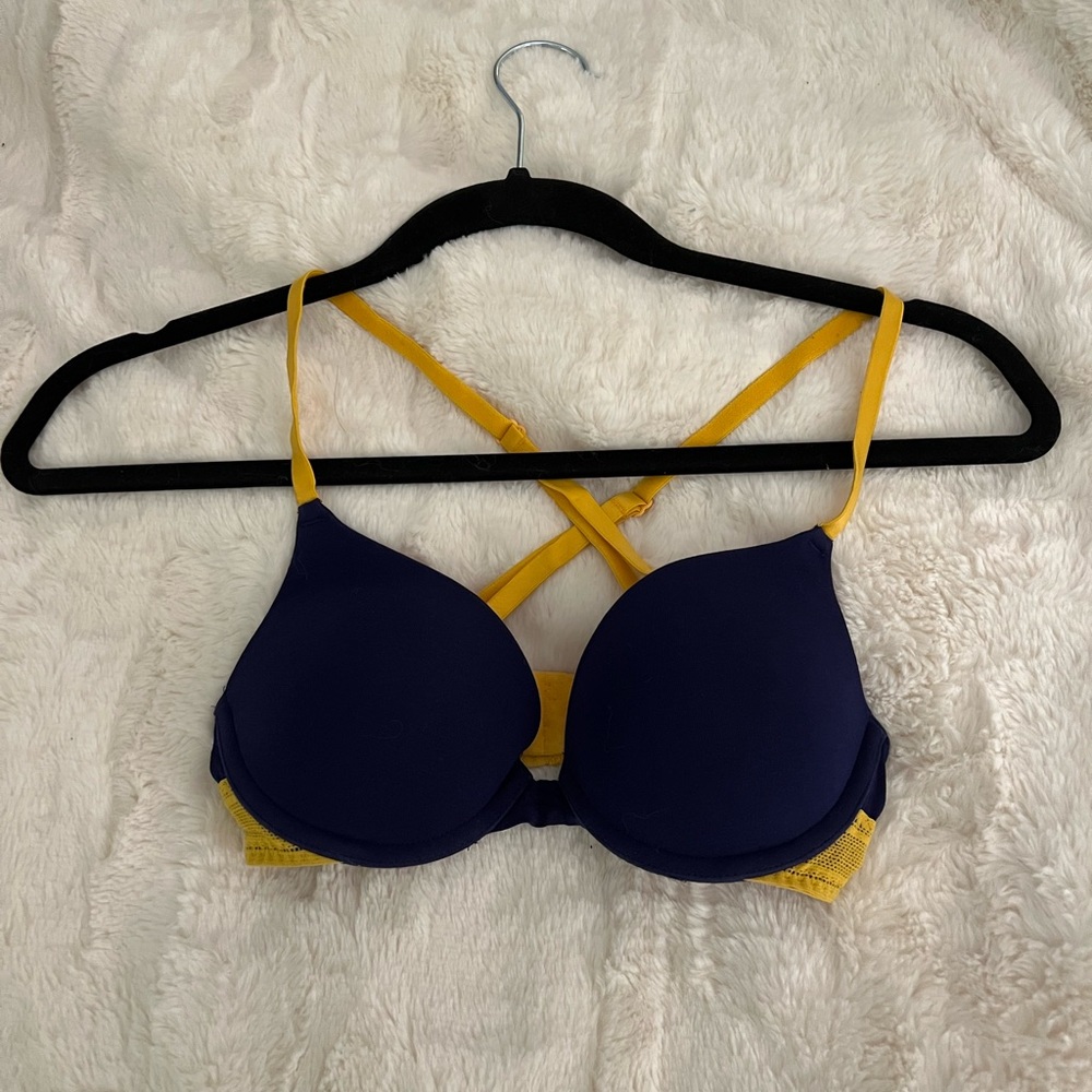 Pink Victoria’s Secret 32 B Push Up Navy and mustard yellow